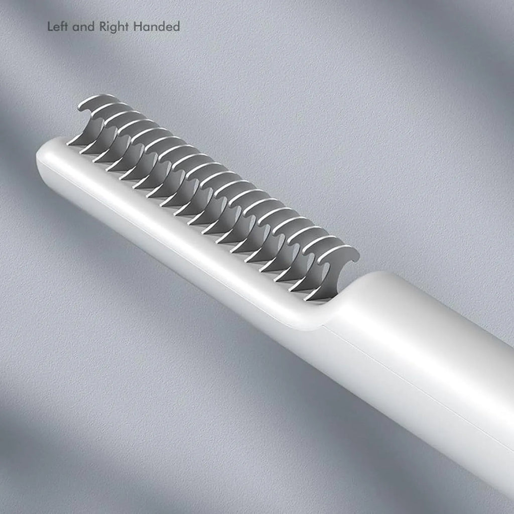 Stainless steel pet dematting comb with rake teeth and a handle for grooming dogs.