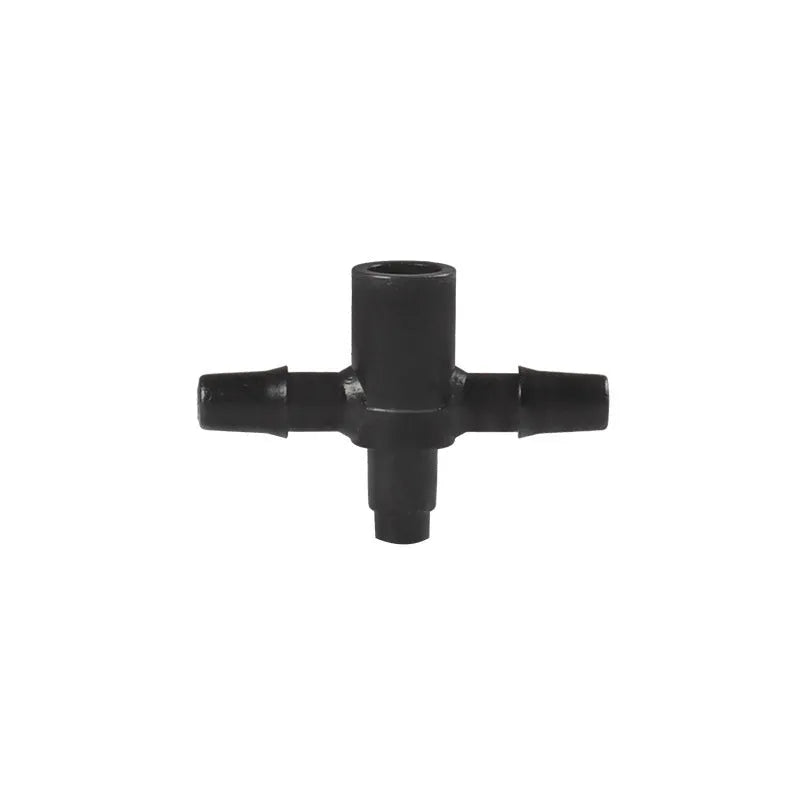 White PE plastic tee joint water distributor for irrigation systems with one inlet and two outlet ports.