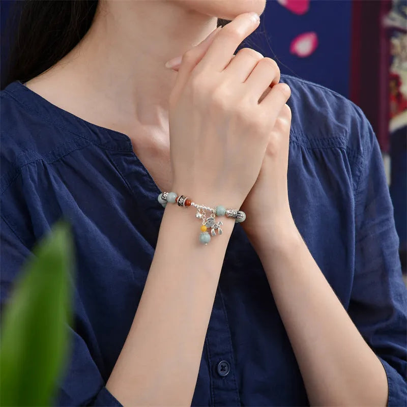 Natural emerald niche senior vintage bracelet with manual DIY craftsmanship, natural jade and alloy, retro style