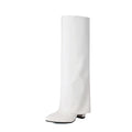 Women's plus size thick high heel boots in black with high cylinder shaft and sewing line detail