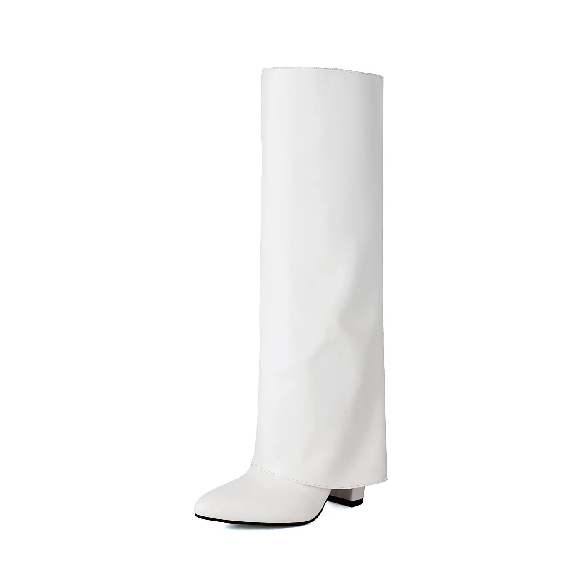 Women's plus size thick high heel boots in black with high cylinder shaft and sewing line detail