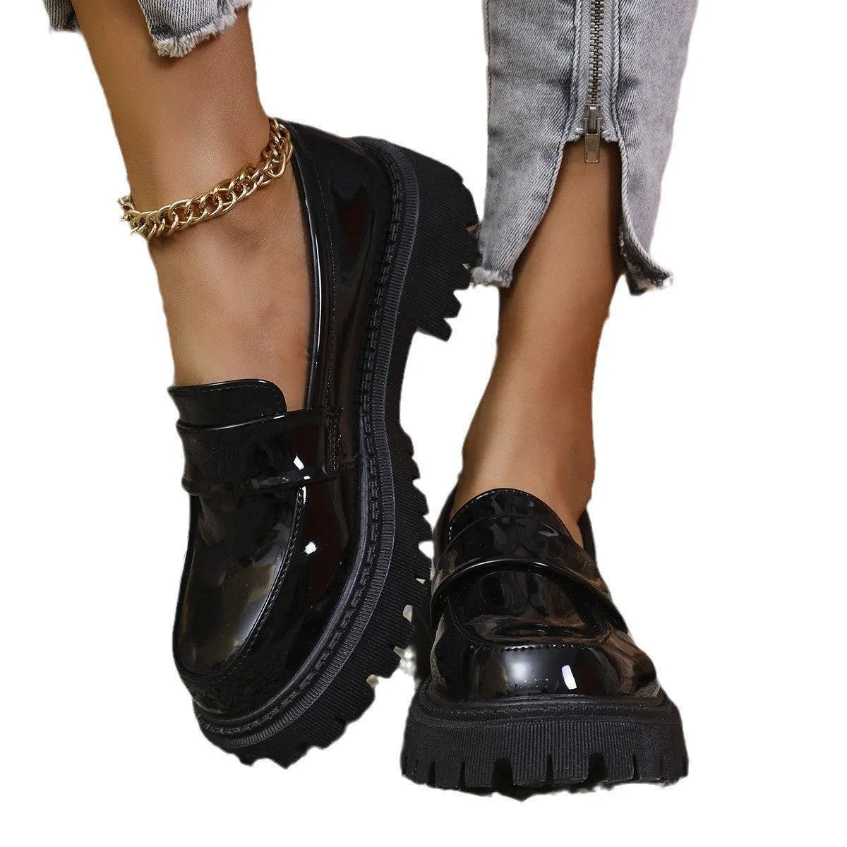Plus size chunky heel loafers in black, wine red and green colours showing platform sole