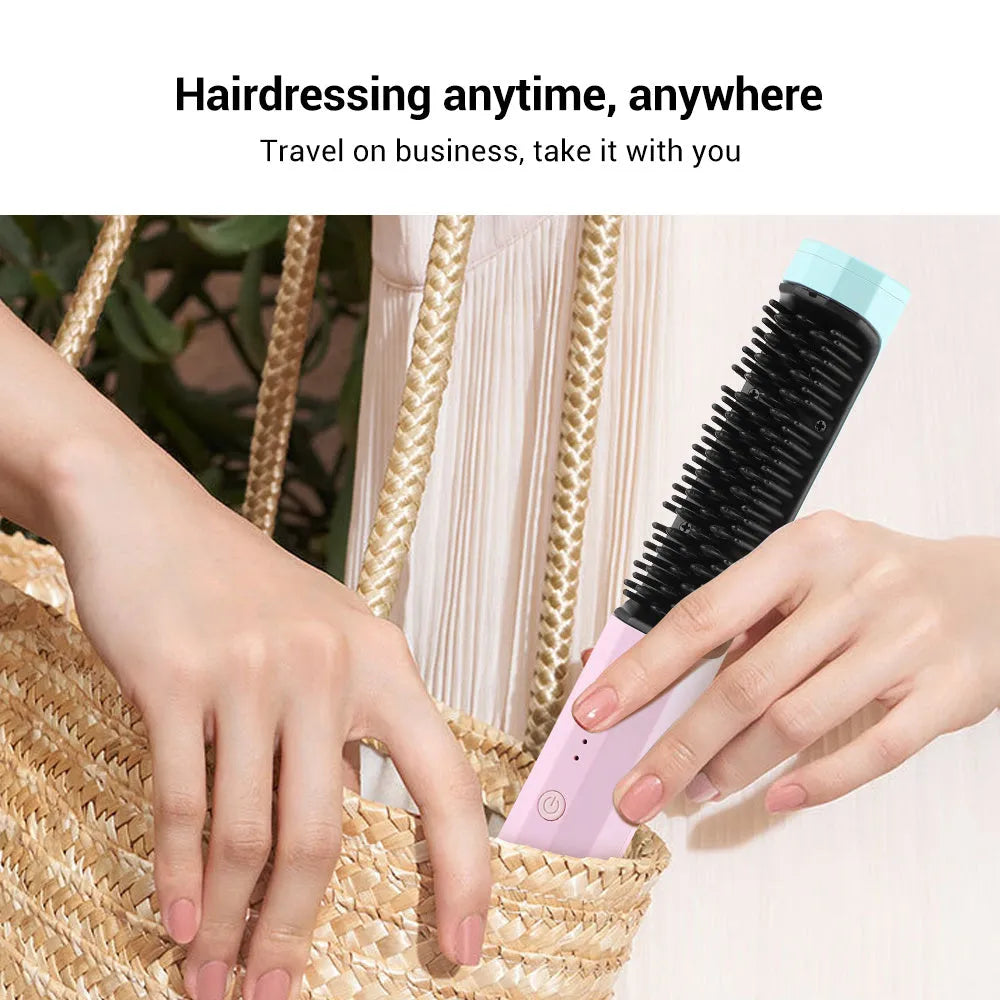 Cordless straightening comb in pink with USB charging cable, compact 23 cm size, 4000mAh battery, anti-scalding design
