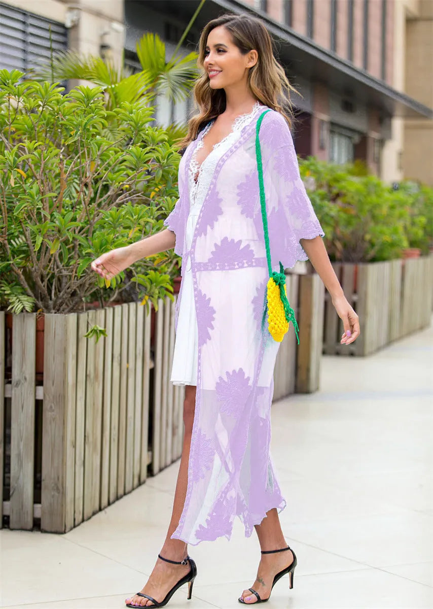 Light purple cotton beach dress with lace embroidery details, swimsuit cover-up for women