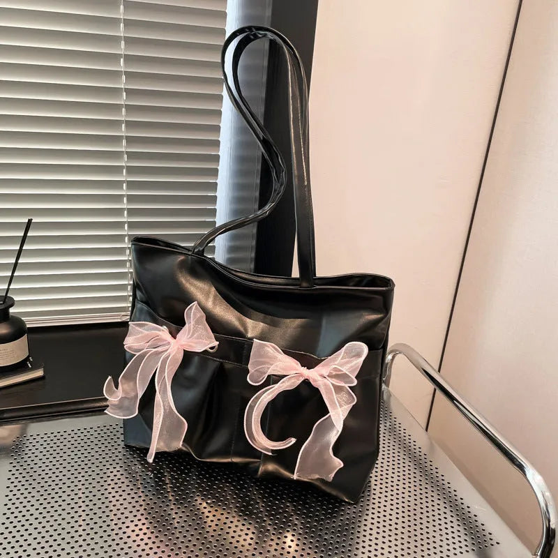 College style bow tote bag in black PU with double straps large capacity for women