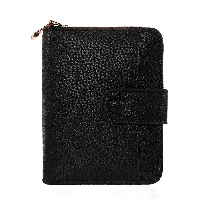 Women's lychee pattern solid colour PU short wallet with sewing thread detail in beige