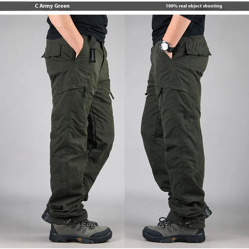 Men's thick cotton overalls with velvet lining in Army Green, showing loose straight-leg fit.