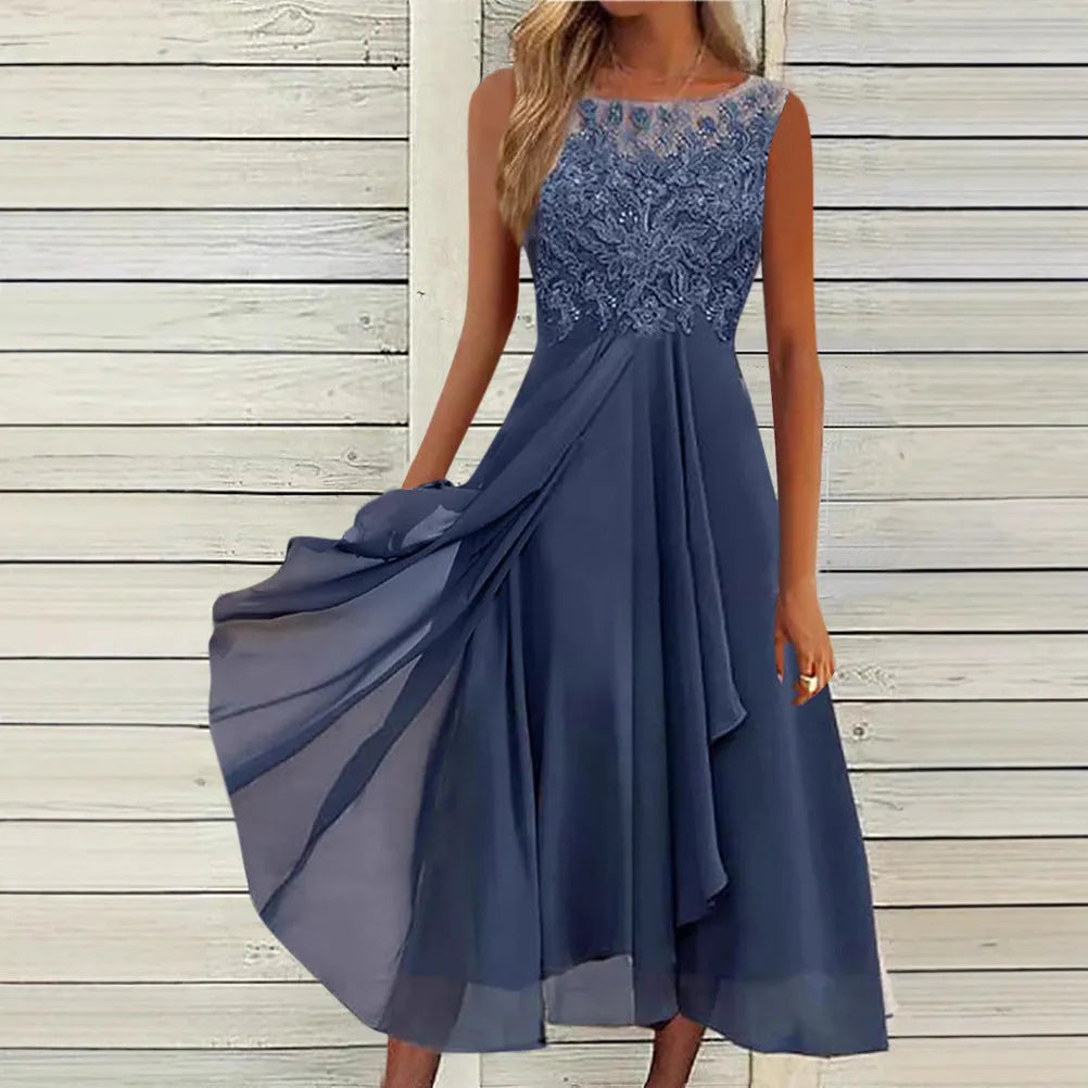 Women's sleeveless chiffon dress with hollow-out lace stitching in blue, green or purple colour options