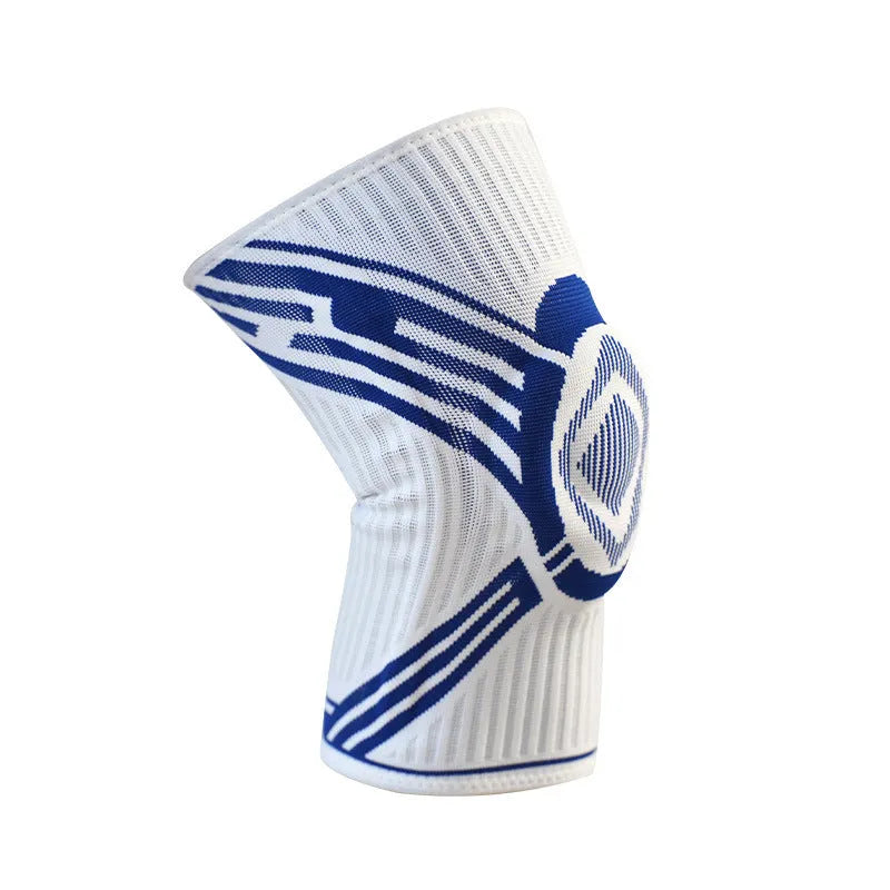 Adult elastic cotton knee pad for sports in blue, shown on a knee.