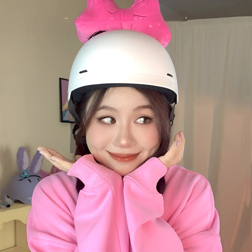 Plush bow helmet decoration in red, peach pink and rose pink colours for motorcycle and ski helmets