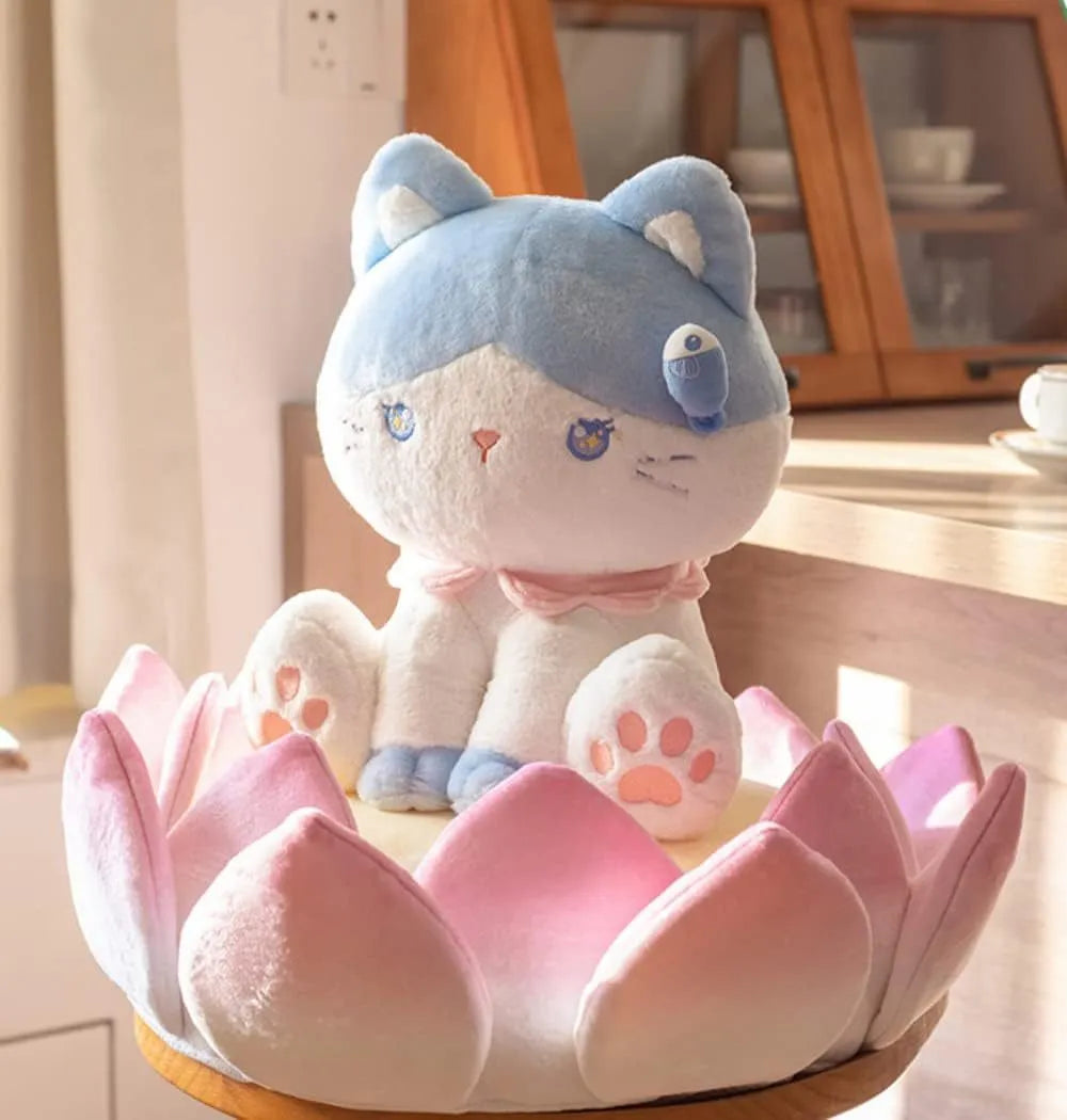 Non-slip lotus cat bed cushion in crystal velvet fabric, 62cm diameter, side view showing shape