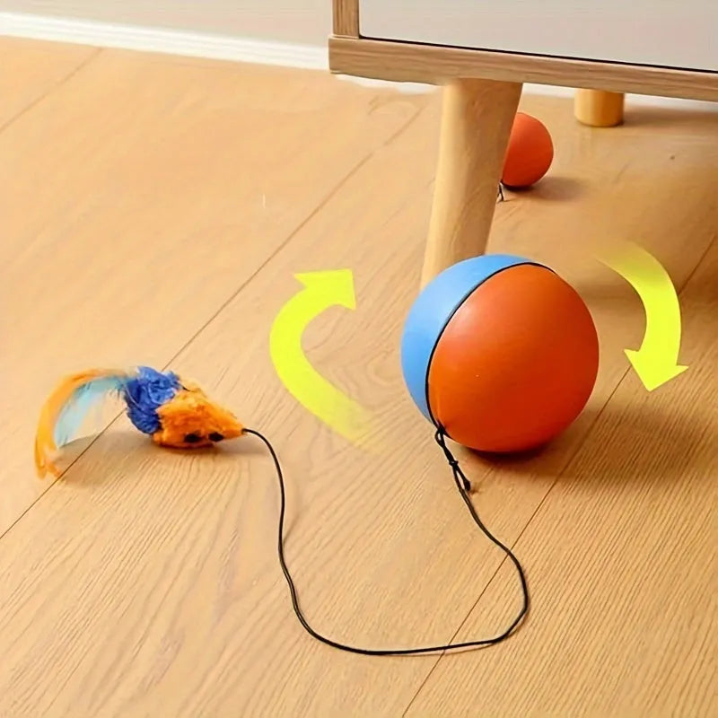 Interactive cat toy ball with blue and orange plush mouse and rolling base on floor