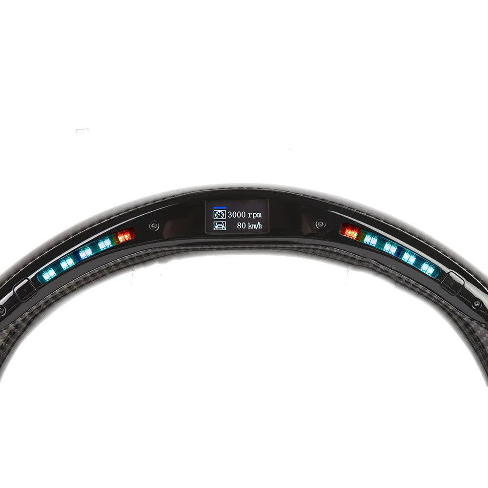 Black carbon fibre BMW steering wheel with LED lights and heating controls