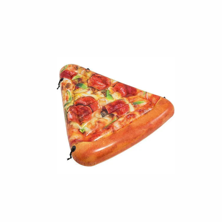 Colourful pizza inflatable surfboard recliner floating in pool