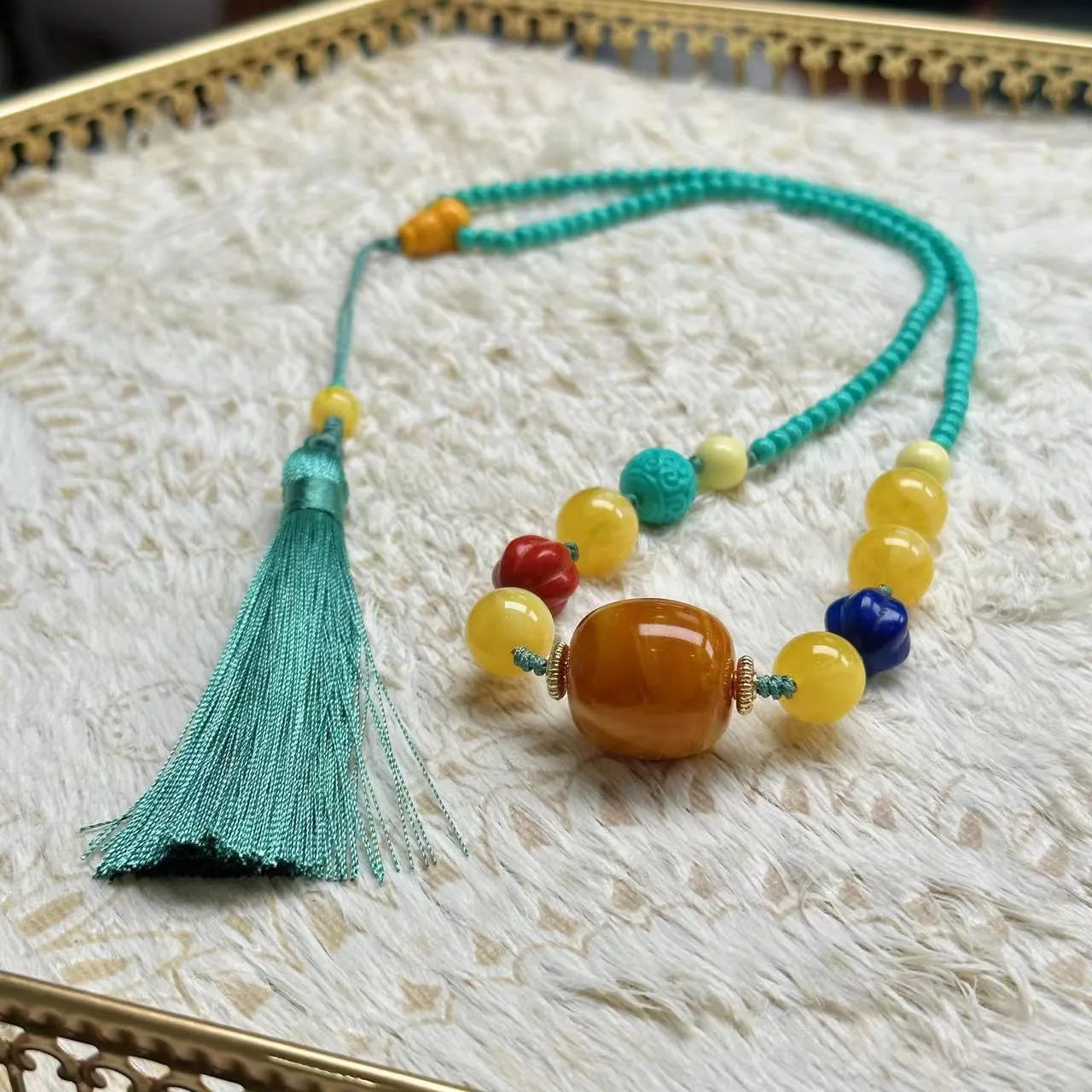 Turquoise mesh flower lucky pendant necklace on ball bead chain, hand-woven design