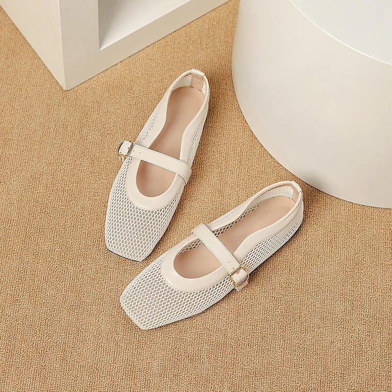 Women's beige mesh buckle pumps with a square toe and flat sole on a white background.