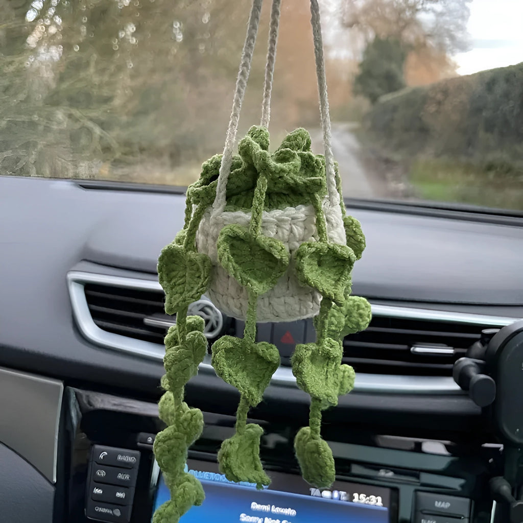 Green and white knitted wool car plant ornament with 25cm hanging rope on 8cm circular base