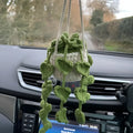 Green and white knitted wool car plant ornament with 25cm hanging rope on 8cm circular base