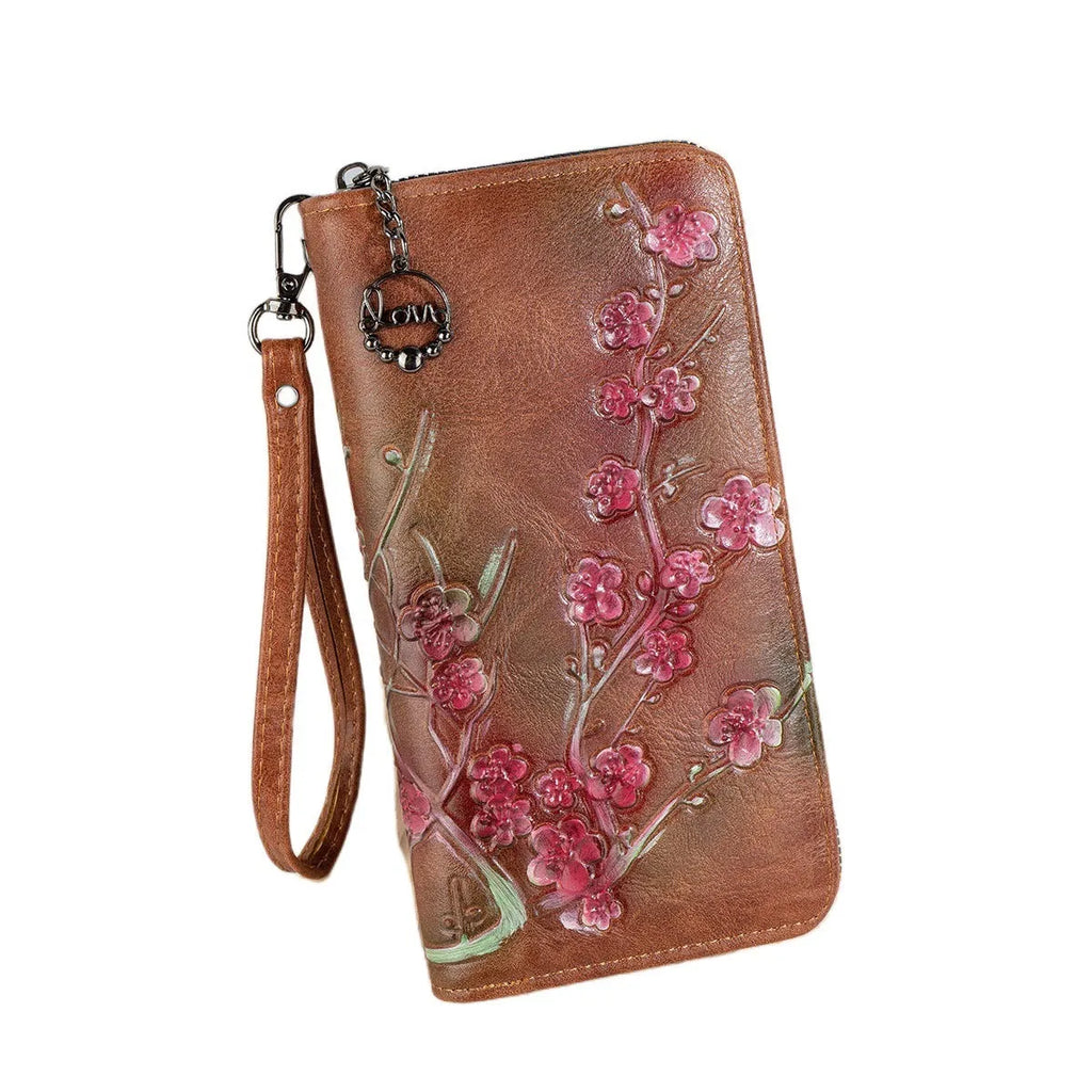 Embossed Chinese style handbag with floral pattern and hand-painted design in brown colour