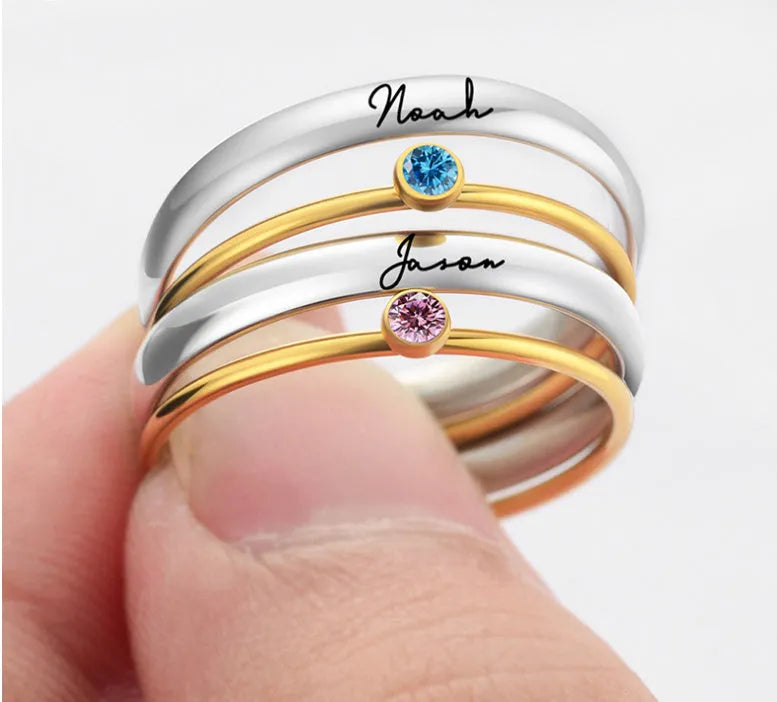 December birthstone engraved titanium steel ring with geometric design in gold and steel tones