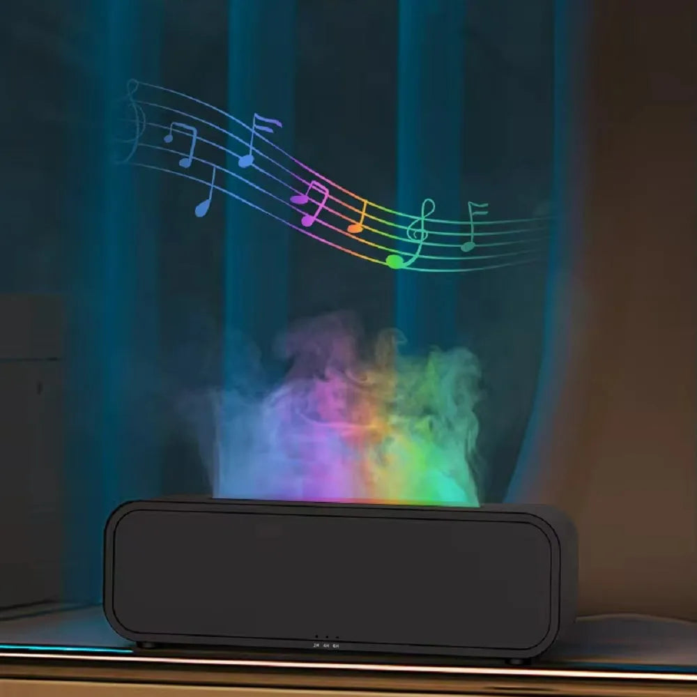 Black flame design aroma diffuser with remote control on a wooden table
