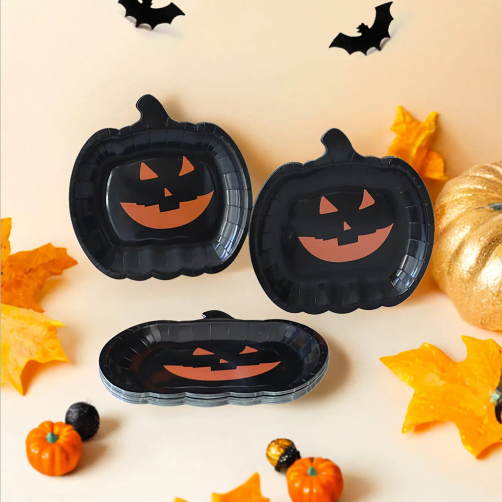 Thickened 9-inch black disposable paper plate with orange pumpkin Halloween design