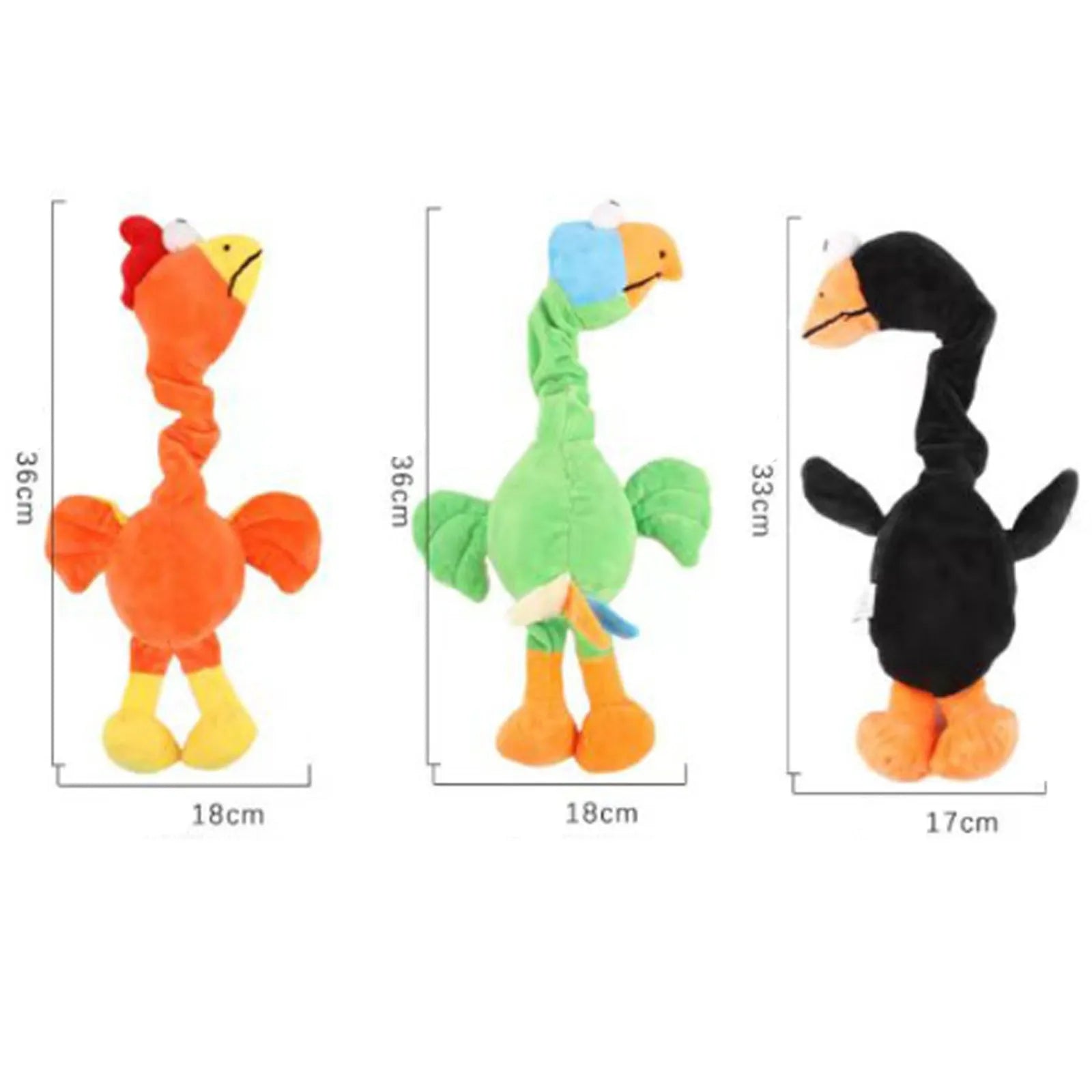 Screaming chicken sound dog chew toy in black, green and orange colours with bite resistant squeaky design