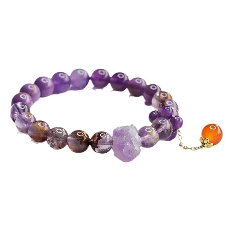 Natural purple amethyst crystal bracelet with red agate accents, 8mm beads, Mori style adjustable design