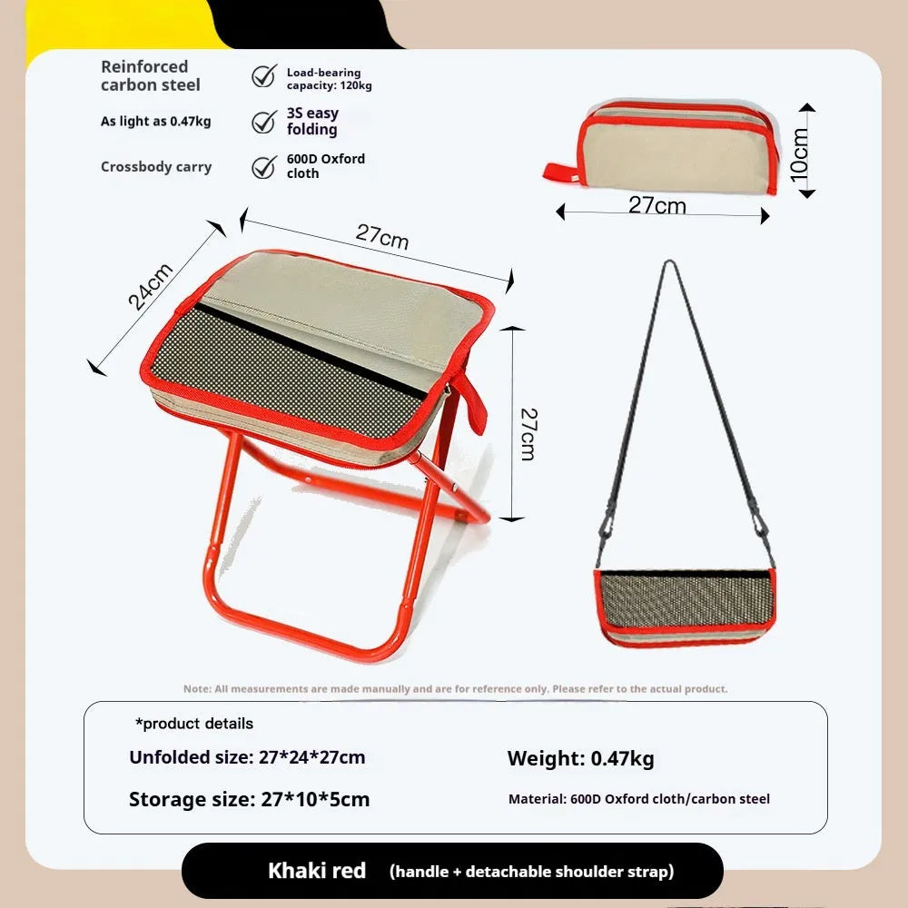 Foldable Oxford cloth camp stool shown in khaki colour with pencil box design for outdoor seating