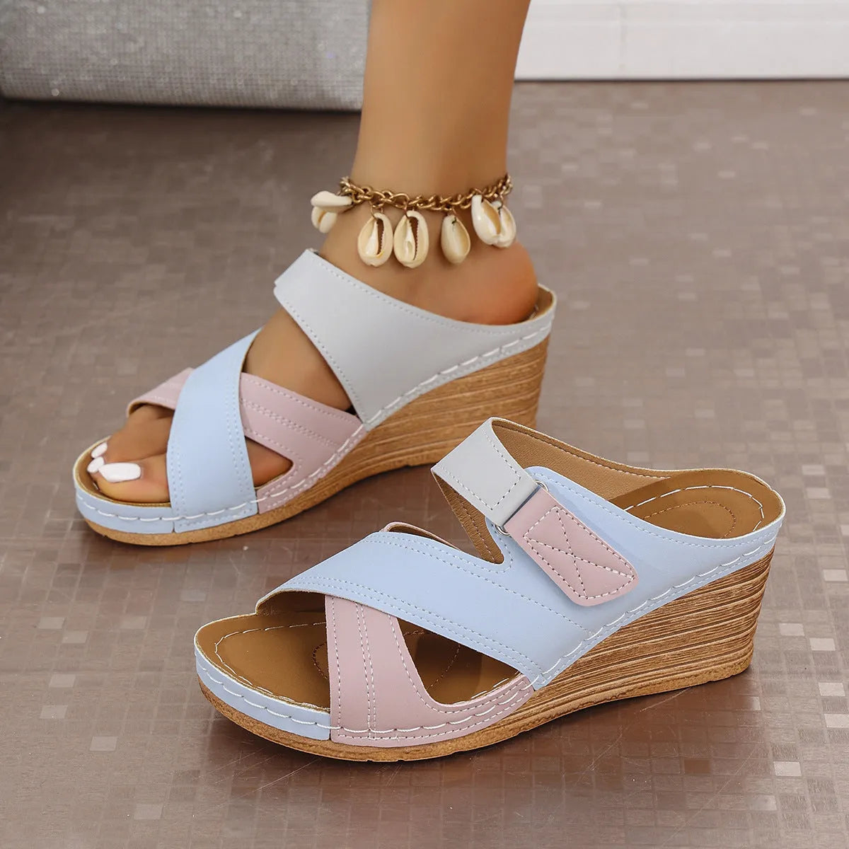 Women's Velcro strap wedge slippers in multiple colour options showing fish mouth toe shape and rubber sole