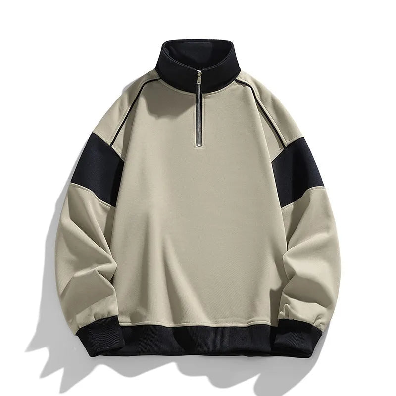 Men's beige hooded corduroy sweater with drop shoulder design and loose lapels