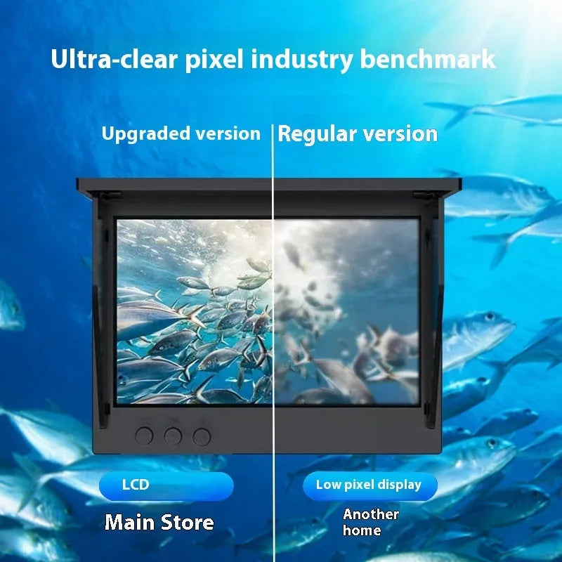 Fish finder underwater camera with 4.3-inch screen, showing wide-angle underwater view with night vision lights illuminated.