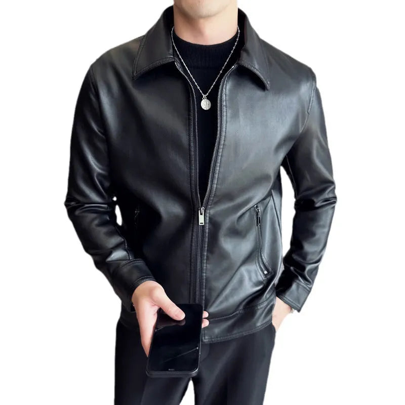 Men's black PU leather casual jacket with zip pockets and a loose fit on a hanger.