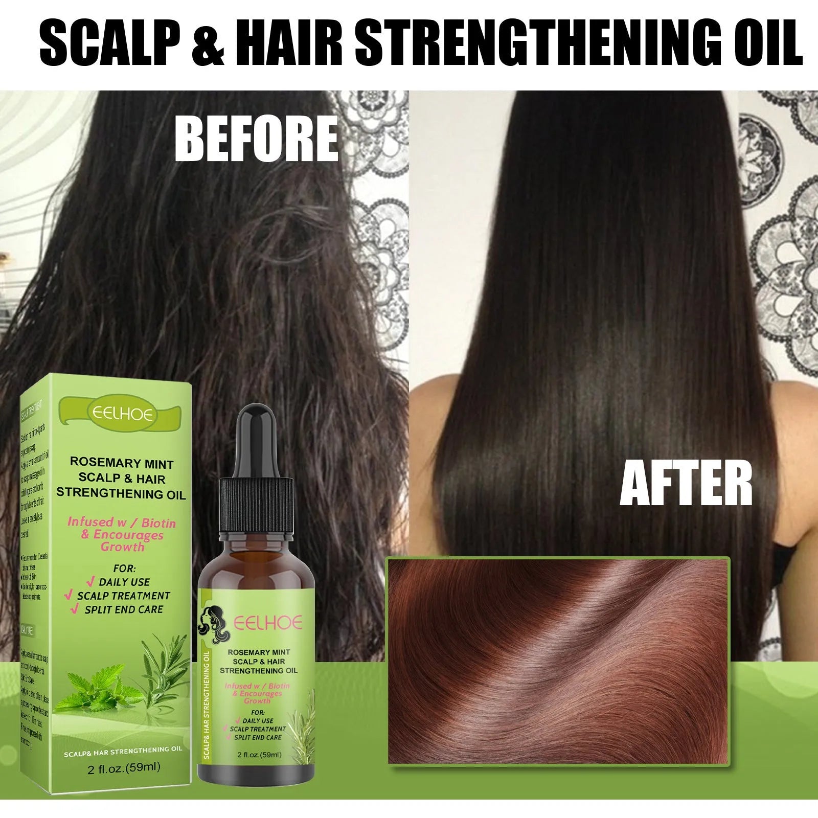 59ml rosemary mint hair growth oil bottle measuring 11.5cm with natural plant extract formula