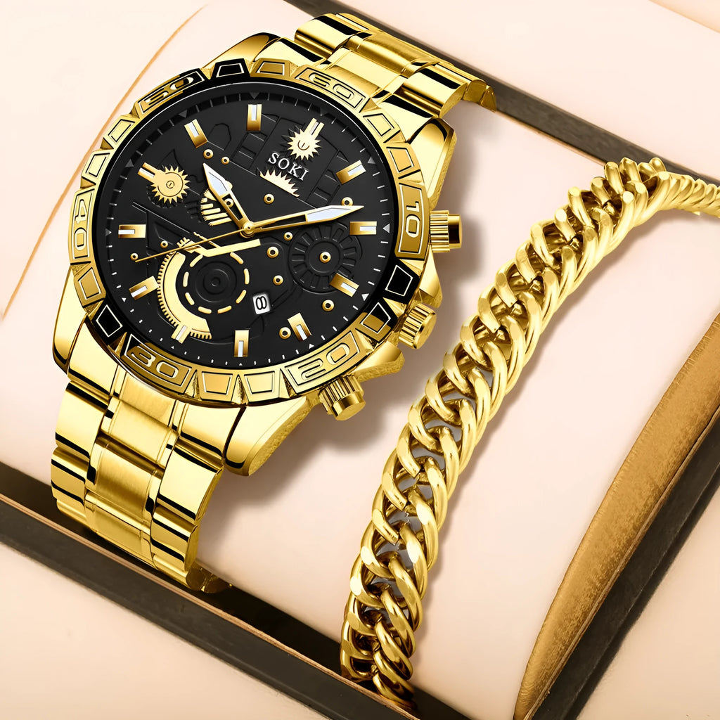 Men's gold stainless steel business quartz watch with calendar function on steel strap