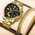Men's gold stainless steel business quartz watch with calendar function on steel strap