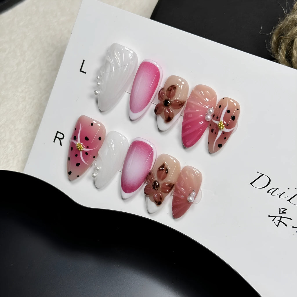 Hand-painted 3D carved nail art patches showing embossed cute patterns in four different sizes
