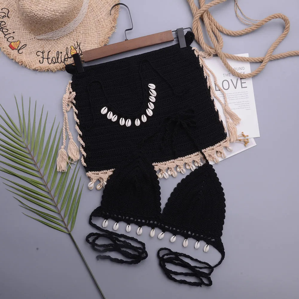 Women's handmade lace-up split swimsuit set in cotton blend fabric with bra and skirt.
