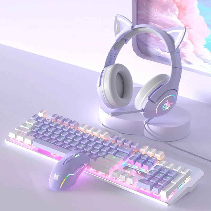 Purple and white mechanical keyboard and mouse wired combo set with backlight illumination