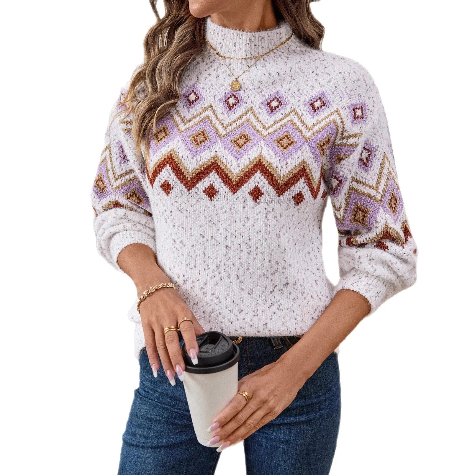 White geometric pattern half turtleneck jacquard sweater with contrast colours and loose street fashion fit
