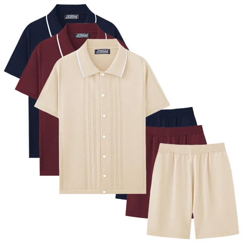 Women's khaki Tencel knit short-sleeve top and shorts two-piece business casual set.