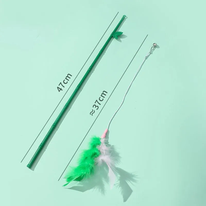 Green interactive cat feather wand with bells and feathers, durable play toy