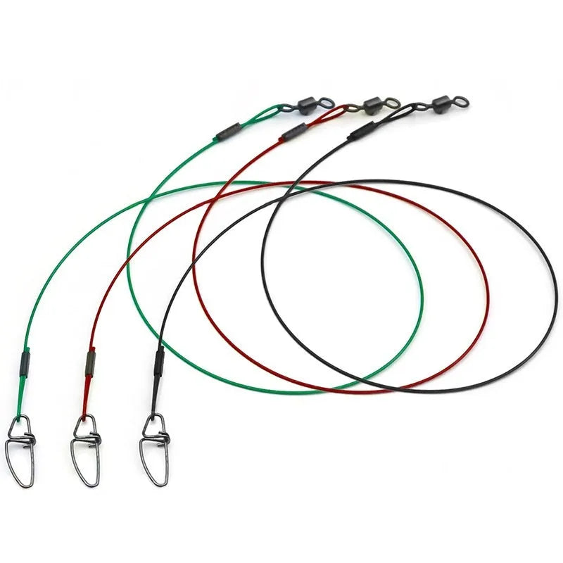 Ten coiled green steel wire fishing traces with double buckle pins, each measuring 54cm long.