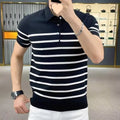 Black and white striped pullover T-shirt laid flat, showing non-iron casual design.