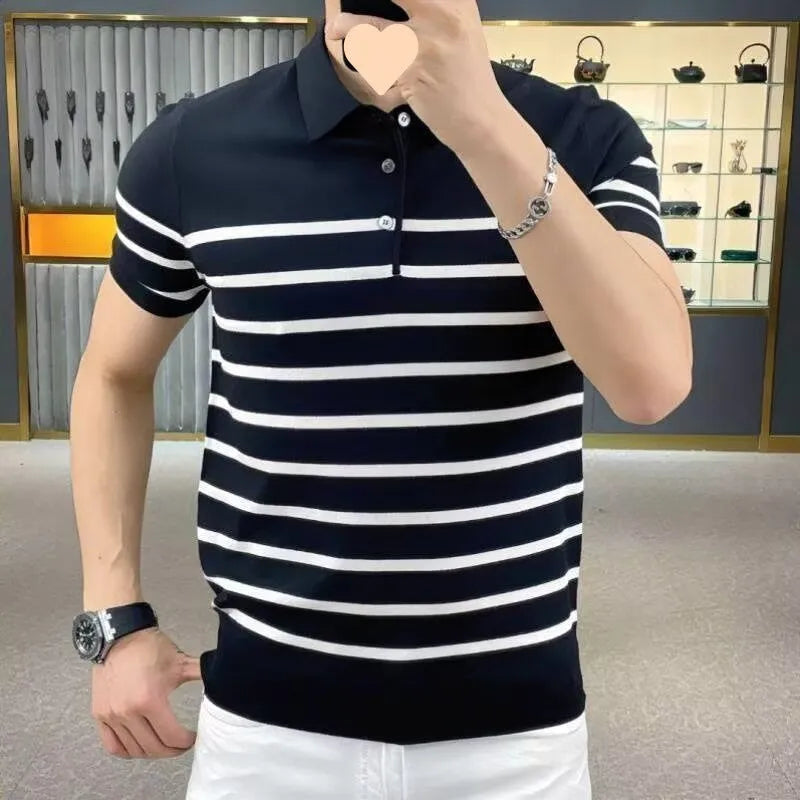 Black and white striped pullover T-shirt laid flat, showing non-iron casual design.