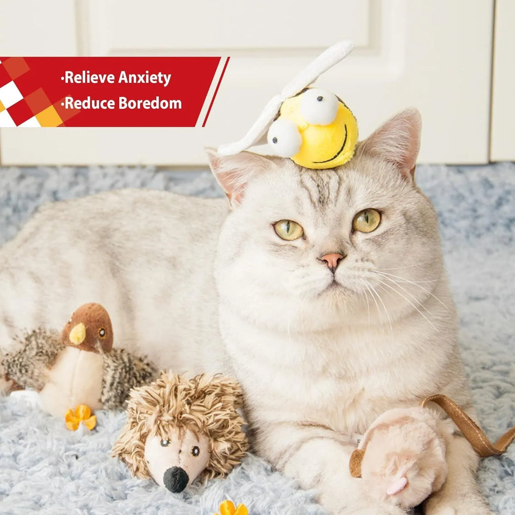 Yellow bee-shaped interactive cat toy with electronic motion-activated squeaking function