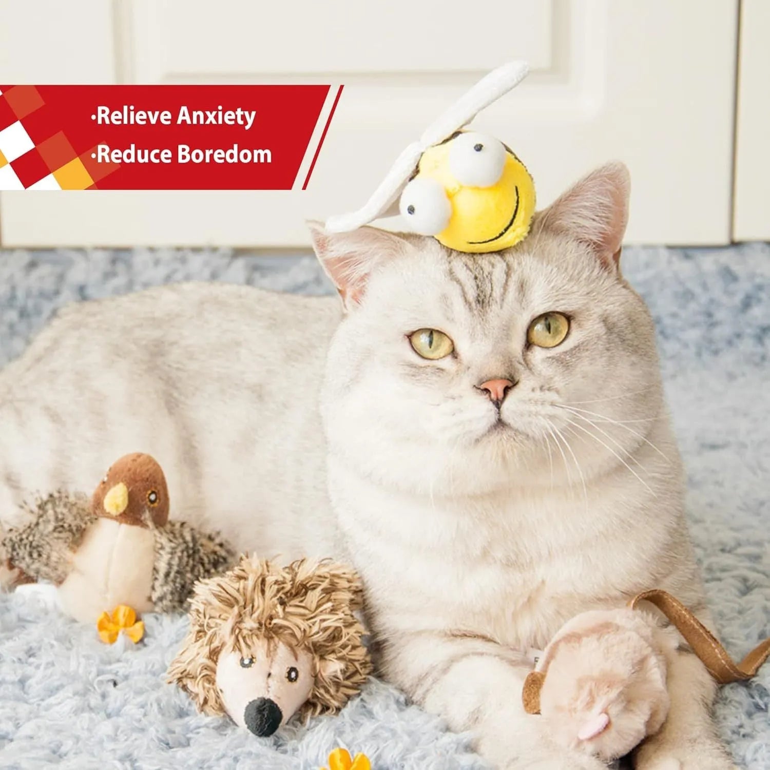Yellow bee-shaped interactive cat toy with electronic motion-activated squeaking function