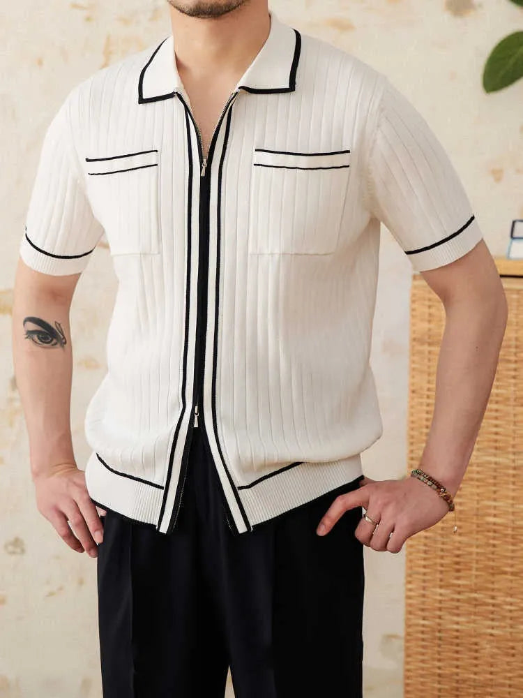 Slim fit men's polo shirt with elastic lapel collar in black and white colour options