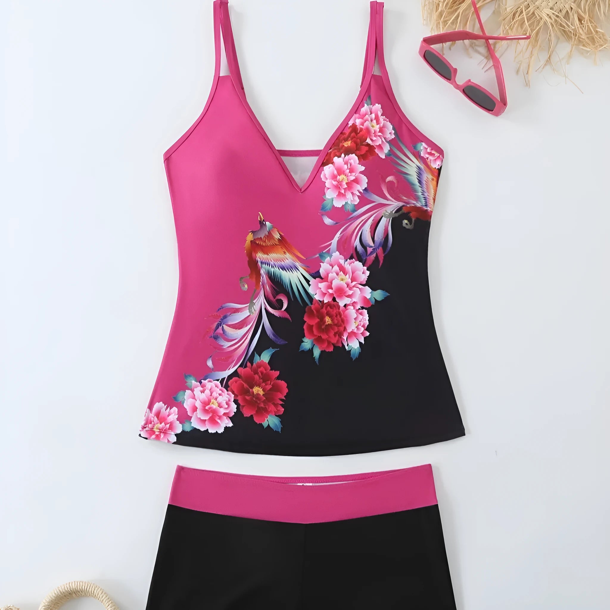 Black and rose red plus size female split swimsuit with briefs style for swimming.