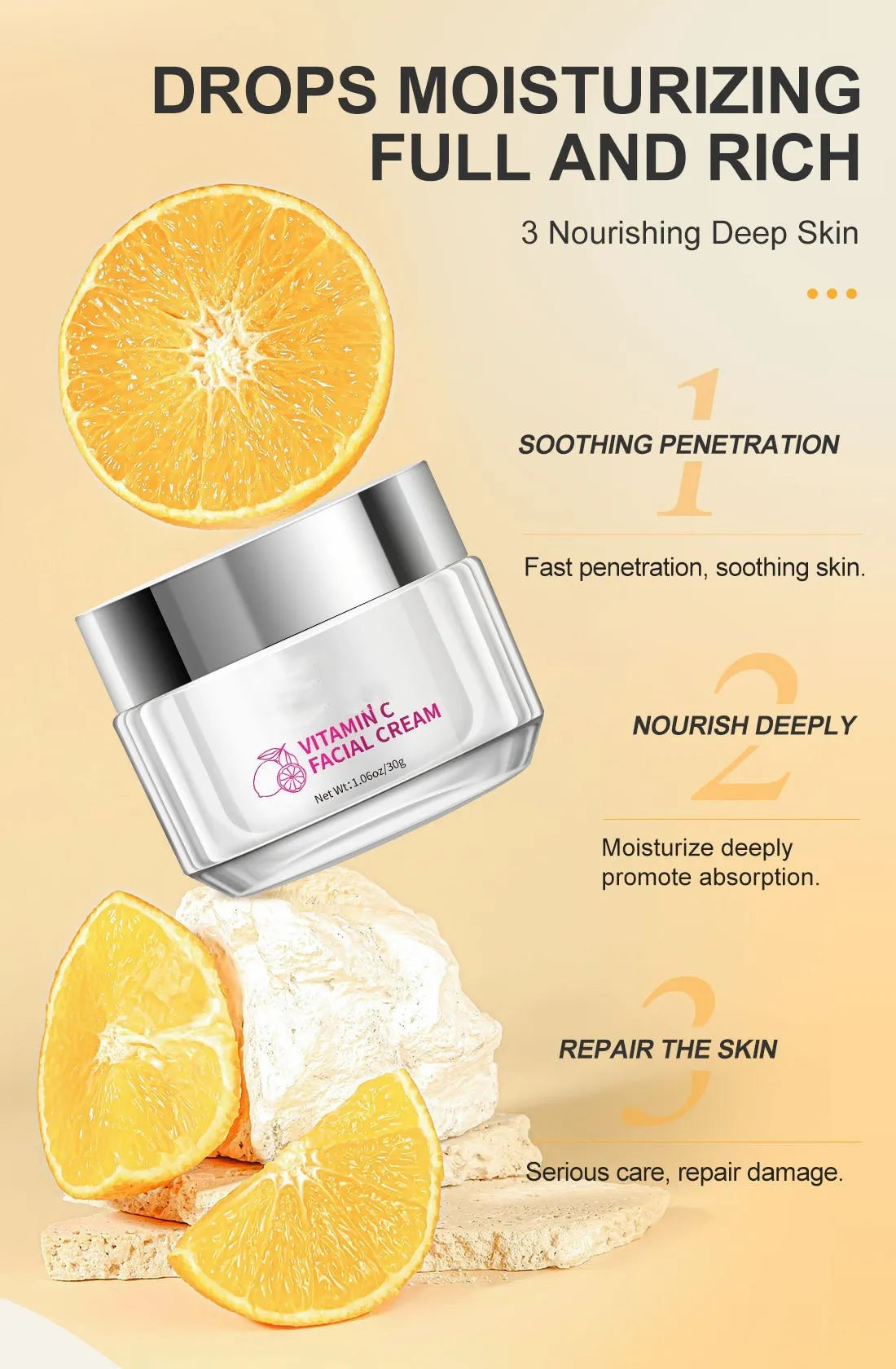 30g vitamin C face cream in glass jar with dimensions 6x6x5.2cm